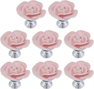 Ceramic Knobs With Silver Base,Light Pink Rose Flower,8Pcs