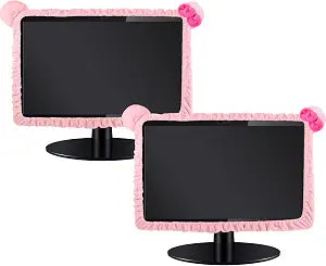 Hoteam 2 Pcs 27"-34" Kawaii Computer Monitor Cover with Cat Ear Pink Furry Elastic Monitor Dust Cover Cute Desk Accessories Dustproof Kawaii Decor for PC TV Laptop Lcd Screen
