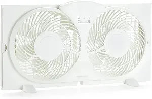 Amazon Basics Twin Window Fan for Home Bedroom, 9 inch, Reversible Airflow, Exhaust Mode, Expandable Side Panels, Width Adjustable, 2 Speeds, Air Circulation, 68W, White