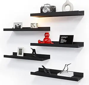 RICHER HOUSE 5-Set Floating Shelves with Lip, Black Wall Mounted Wood Shelf