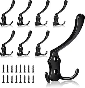 8 Pack Large Coat Hooks, Heavy Duty Three Prong Black Metal Wall Hooks