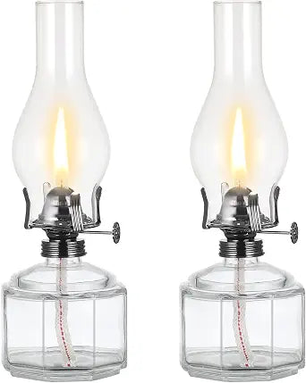 2 Pack Large Oil Lamp Vintage Glass Kerosene Lamp Antique Black Oil Lamps for Indoor Use Emergency Lighting Rustic Hurricane Lamp Clear Chamber Oil Lantern 12.5 Inch