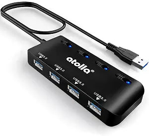 atolla 4-Port USB 3.0 Hub Splitter with Individual LED Switches, 2Ft Cable