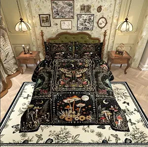 Castle Fairy Mushroom Twin Size Comforter Set,Black Natural Wild Plant and Butterfly Quilt Set Soft Bed Collection,Gothic Bohemia Style Bedding Comforter for Boys Girls Room Decor,2 Pcs