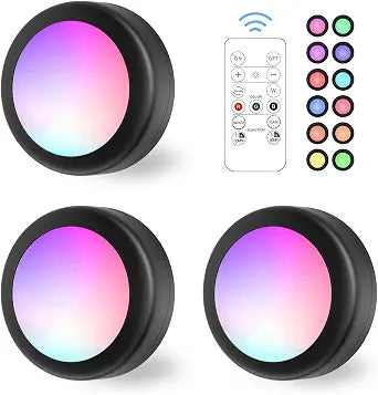 LED Puck Lights with Remote Control, 16 Color Changeable Under Cabinet Lights with Control & Timing, Battery Operated Wireless Closet Light for Closet, Bedroom,Kitchen,3 Pack - Black