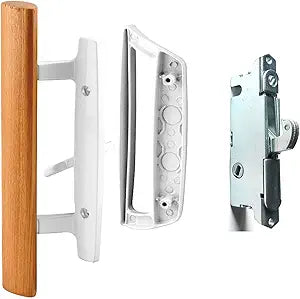 HauSun Sliding Glass Door Handle Set Oak Wood Interior Handle and Exterior Pull White Diecast Finish+Mortise Lock 45 Keyway Fits 3-15/16 Screw Hole Spacing, Non-keyed with Latch Locks(White)
