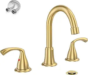 Phiestina 8 Inch 3 Hole 2 Handle Widespread Brushed Gold Bathroom Sink Faucet, Modern Bathroom Faucet with Metal Pop up Drain and Water Supply Lines, WFJC180-BG