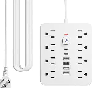 10 Ft Power Strip - Chiefway Wall Plug Extension Cord with 8 AC Outlets, 6 USB Ports (2 USB C) & One-Touch Switch, Flat Plug, Wall Mountable for Office Home Travel Dorm