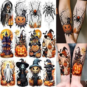 12 Sheets Arm Halloween Temporary Tattoos For Kids Adults Cartoon Pumpkin Ghost Spider Tattoo Sticker, Realistic Cat Skull Witch Body Fake Halloween Tattoos Costume Party Favor Supplies