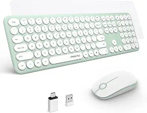Wireless Keyboard and Mouse Combo, XTREMTEC 2.4GHz Full Size Ultra Slim Green Silent Keyboard, Retro Round Keycap Cute Aesthetic Quiet Cordless Keyboard Mouse Set for Windows Mac OS (Macaron Green)