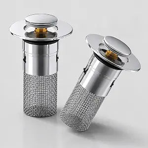 Bathroom Sink Drain Stopper Pop Up with Stainless Steel Basket, 2 Pack Universal Bathroom Sink Stopper, Removable Anti Hair Catcher, Chrome Finish Fits 1.1-1.5 Inch Drain Holes