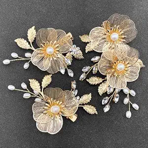 Bridal Gold Metal Flower Hair Clips Accessories (Pack of 3)