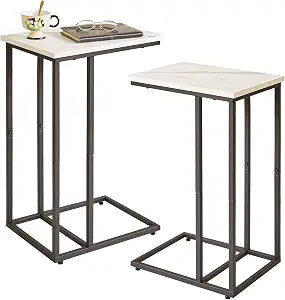 Aibiju C-Shaped Side Table Small End Table, Slide Under Laptop Desk for Couch, Living Room Side Table Set of 2, TV Trays for Eating on Couch, Faux Marble and Black YD-TM051B-2
