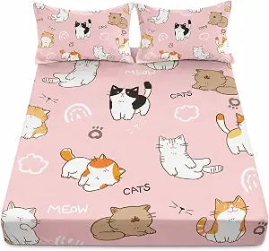 AILONEN Cats Fitted Sheet Twin XL Size Cartoon Cat Cute Bed Sheet for Kids Girls Teen Pink Kawaii Bedding Set Decor 3 Pieces Set, 1 Fitted Sheet and 2 Pillowcases