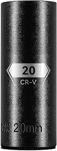 1/2 Inch Drive 6-Point Deep Socket, 20mm Deep Impact Socket, CR-V Steel