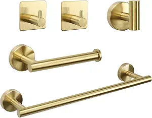 TocTen Bathroom Hardware Set, Thick Stainless Steel Bath Towel Bar Set Including Towel Rack for Bathroom+Toilet Paper Holder+3 Robe Towel Hooks Wall Mount Bathroom Accessory Set(16IN,Brushed Gold)