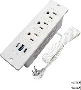 Furniture Recessed Power Strip with USB C 20W & USB A 18W,3 Outlets 3 USB Ports(2 USB C+1 USB A),Flush Mountable Electrical Outlet for Desk Cabinet Nightstand Counter, 6.56ft Flat Plug Cord (White)