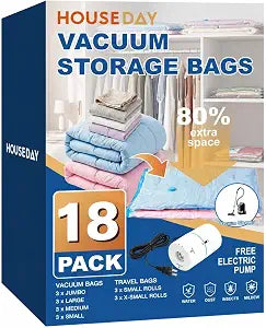 HOUSE DAY 18 Pack Vacuum Storage Bags with Electric Pump, Valve, Space Saver Vacuum Seal Bags for Clothing, Comforters, and Travel Essentials 3 Jumbo,3 Large,3 Medium,3 Small/3 Small,3 XS Roll Up Bag