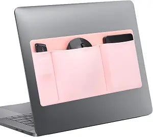 3-Pocket Laptop Pouch for Mouse & Hard Drive, Adhesive Holder Case Elastic Sleeve Pocket for External Portable SSD, Phone, USB Cable, Pen, Pink