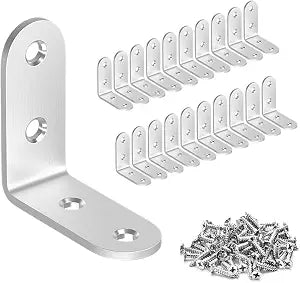 LuckIn 20 Pcs L Bracket Stainless Steel Corner Brace 1.57 x 1.57 inch Right Angle L Shape Brackets for Wood Furniture Bedframe Cabinet Drawer Chair with 80 Pcs Screws, Silver