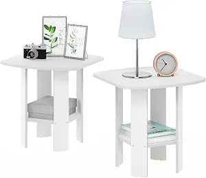 Furinno Simple Design Side Table Set of 2, 2-Tier Modern End Table with Soft Edges, Open Shelves Night Stand, Bedside Table, for Living Room, Bedroom, White
