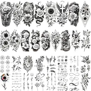 Realistic Temporary Tattoos - 92 PCS Flowers Tattoos Sexy Rose Butterfly Peony Floral Sunflower Leaf Leopard Fake Temp Tattoos for Women Teens Girl Adult Back Leg Neck Thigh Tattoos