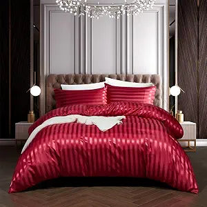 3 Piece Satin Duvet Cover Set Bedding Sets Italian Style 1800 Series Luxury Rich Silk Silky Super Soft Stripes Hidden Zipper Closure Reversible Wrinkle Free Honeymoon(Burgundy, King)