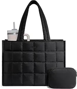 LOVEVOOK Tote Bag for Women, Puffer Work Handbag 15.6 Inch Laptop Purse for Nurse Teacher, Large Quilted Travel Tote Shoulder Bag with Zipper for College Office Clinical Gym, Black