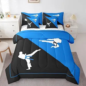 Castle Fairy Taekwondo Comforter Set Full Size Black Blue Bedding Set with Comforter,Sheet Set,Pillowcase and Sham Japanese Style Bed Set Kungfu Bedding for Room Decorative