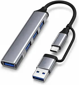 USB Hub 4 Port, USB C & USB A Dual Connector Hub, 1 USB 3.0 & 3 USB 2.0 Ports, Aluminum USB Splitter for Laptop, MacBook, iPad, PC