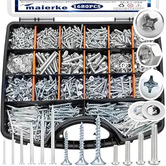 1680 PCS High Hardness Screw Bolts and Nuts & Nails & Wood Screws Assortment Kit,M3/M4/M5/M6 Machine Screws,Small Nails,#6#8 Drywall Screw Set for Picture Hanging and DIY (Length 1/2 to 2")