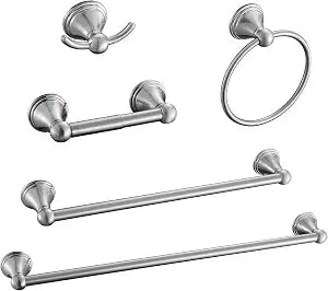 Sagetta Nickel Bathroom Hardware Set, 5-Piece Bath Accessories Set Wall Mount Includes 20 in Towel Bar, 16 in Towel Bar, Towel Ring, TP Holder, Towel Hook Brushed Nickel