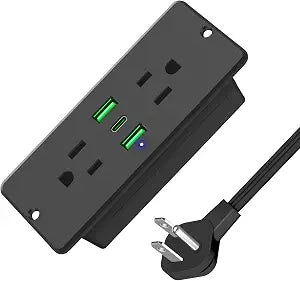 HHSOET 5 in 1 Recessed Power Strip Flat Plug, USB Ports, Black, 6ft Cord