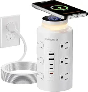 10FT Tower Power Strip with Wireless Charger & Night Light