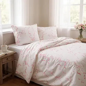 Elegant Bow Bedding Sheets Set ��� 1 Flat Sheet - 1 Fitted Sheet - 2 Pillowcovers - Coquette Aesthetic, Pink - Soft, Breathable & Cozy Sheet - Bow Girly - Bow Decor (Pink Bows, Queen (U.S. Standard))