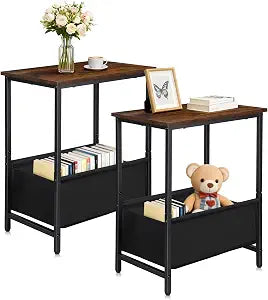Nightstands Set of 2, 2 Tier End Tables with Fabric Storage Basket, Small Side Tables for Living Room, Bedroom, Office and Small Spaces, Rustic Brown
