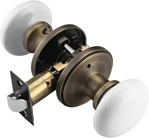 parro White Door Knobs, Antique Brass Porcelain Door Handle with Push Lock