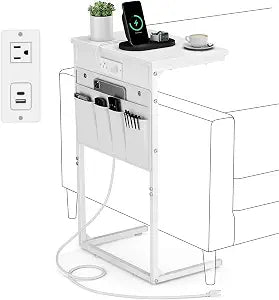 Vagusicc C Shaped End Table with Charging Station, 28" Tall Couch Side Table, Sofa Table Beside Table, Slide Under Sofa Arm C Table for Small Spaces, TV Tray Table for Living Room, Bedroom, White