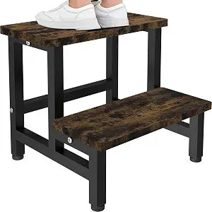 Wooden 2 Step Stool for Toddlers Kids and Adults, Heavy Duty Stepping Stools with 500 LB Load Capacity, Foot Step Stool for Bed, Living Room, Bathroom, Kitchen - Rustic Brown & Black