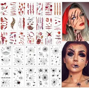 40 Sheets 3D Spider Web&Fake Scar Temporary Tattoos Halloween Makeup Kit, Witch Zombie Realistic Fake Bat Face Tattoos Stickers For Women Adults Kids Men (Halloween)