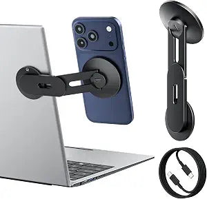 Magnetic Laptop Phone Holder Charger Compatible with MagSafe iPhone, 15W Fast Wireless Charger, 110 Foldable & 180 Adjustable Side Phone Mount for Computer/Tesla/Monitor/All Phones, Black