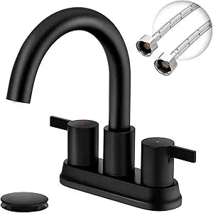 Two Handle 4 inch Black Bathroom Faucet, Bathroom Sink Faucet for 3 Holes with Pop-up Drain and 2 Supply Hoses, Lead-Free