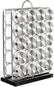 Amazon Basics 20 Jars Spice Rack Organizer, Space-Saving Kitchen Organizer with Glass Spice Jars, Sturdy, Silver