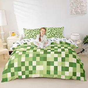 Manfei Green Pixelated Miners Duvet Cover Set Queen Size,Geometric Video Games Bedding Set 3pcs,Cartoon Grid Plaid Quilt Cover,Kids Boys Girls Room Decor,2 Pillowcases,No Comforter