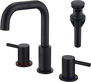 3 Hole Black Sink Faucet Bathroom, 8 in Matte Black Wide Spread Bathroom Sink Faucet with Pop Up Drain and Supply Lines, Stainless Steel 2 Handle Black Bathroom Faucet for Vanity