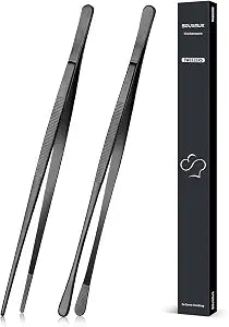 2 Pcs 12-inch Cooking Tweezers Tongs Precision Serrated Tips, Stainless Steel Professional Chef Tweezer Kitchen Tools for BBQ, Plating and Serving (Black)