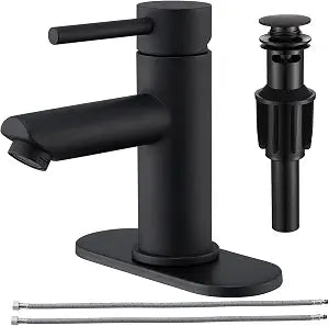 Bathroom Faucets with Pop Up Drain, Stainless Steel Single Handle Bathroom Sink Faucets with Water Faucet Supply Lines for Farmhouse RV Vanity(Matte Black)
