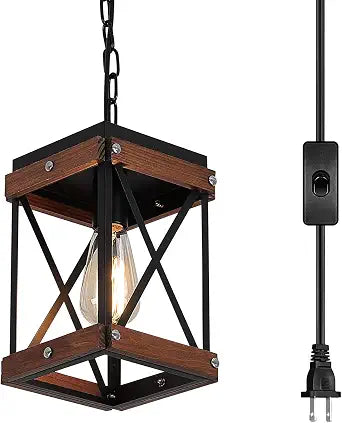 Fivess Lighting Rustic Farmhouse Plug in Pendant Light with 15ft Cord, On/Off Switch, Wood & Metal Cage Adjustable Chains Industrial Mini Hanging Fixture for Kitchen Island Sink Bar Farmhouse, Black