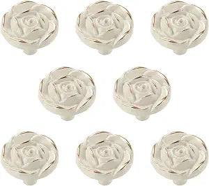 Antique Rose Flower Kitchen Cabinet Knobs, 8 Pack, Ivory