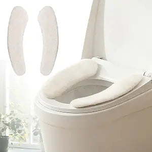 Plush Toilet Seat Cover Pads - Washable Warm Cushion, Soft Bathroom Warmer Mat - Universal Self Adhesive Design (White)